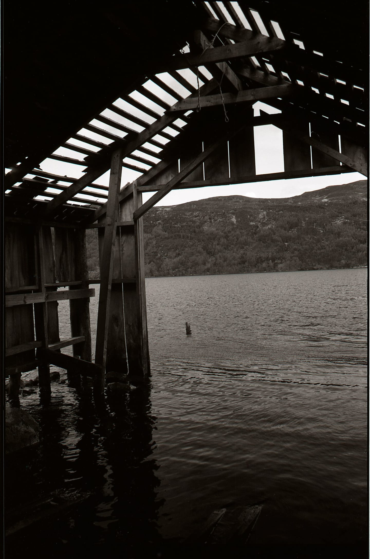 Exposed timber rafters frame dark water and a hillside beyond.